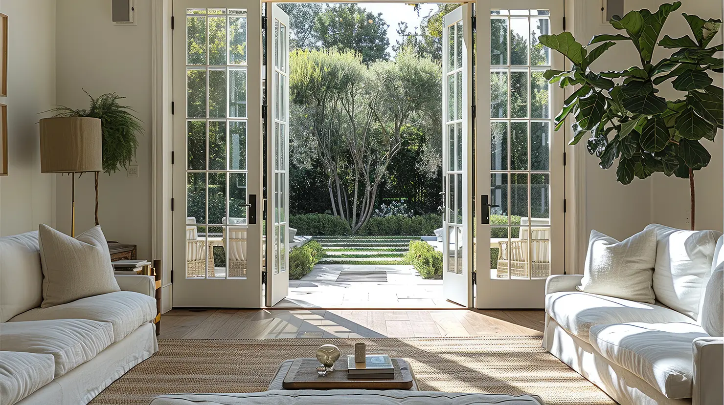 Helles Wohnzimmer mit großen Fenstern und Blick in den Garten, renoviert von AS Renovierung in München.